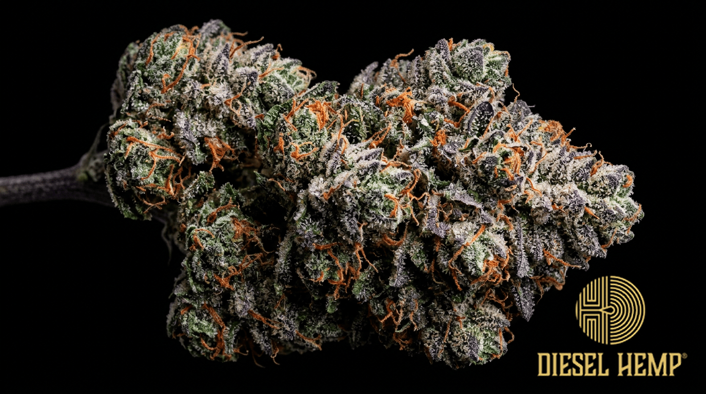 Cherry Pie strain cannabis flower buds on black background — dense green buds with cherry and purple tinges, bright orange and red pistils and heavy trichome coating | Diesel Hemp