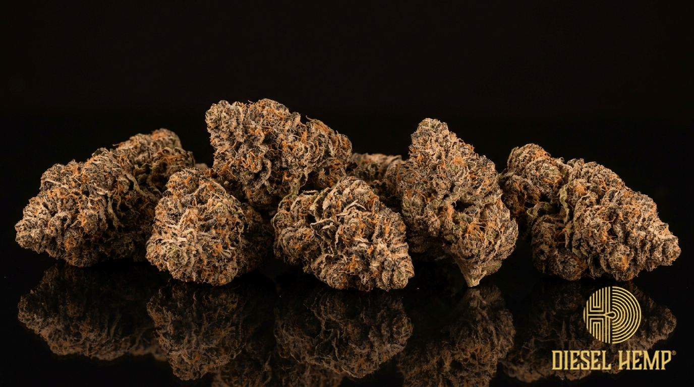 Cherry Pie cannabis flower buds on black background — Diesel Hemp