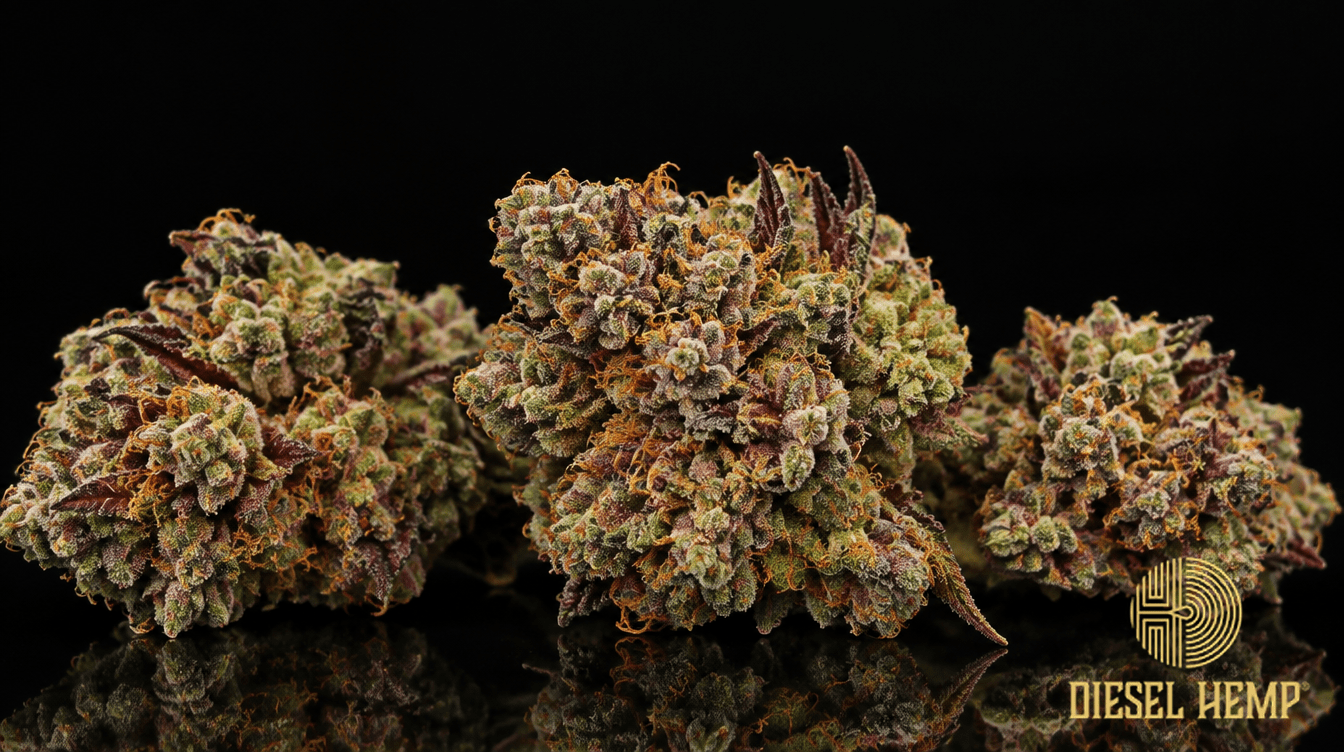 Cherry Wine CBD hemp flower buds on black background — Diesel Hemp