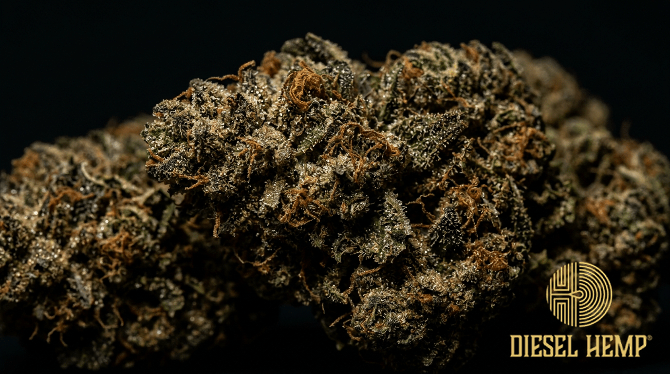 Chocolate Diesel CBD Flower hemp buds on black background — dark olive green hemp buds with brownish chocolate tones and amber pistils | Diesel Hemp