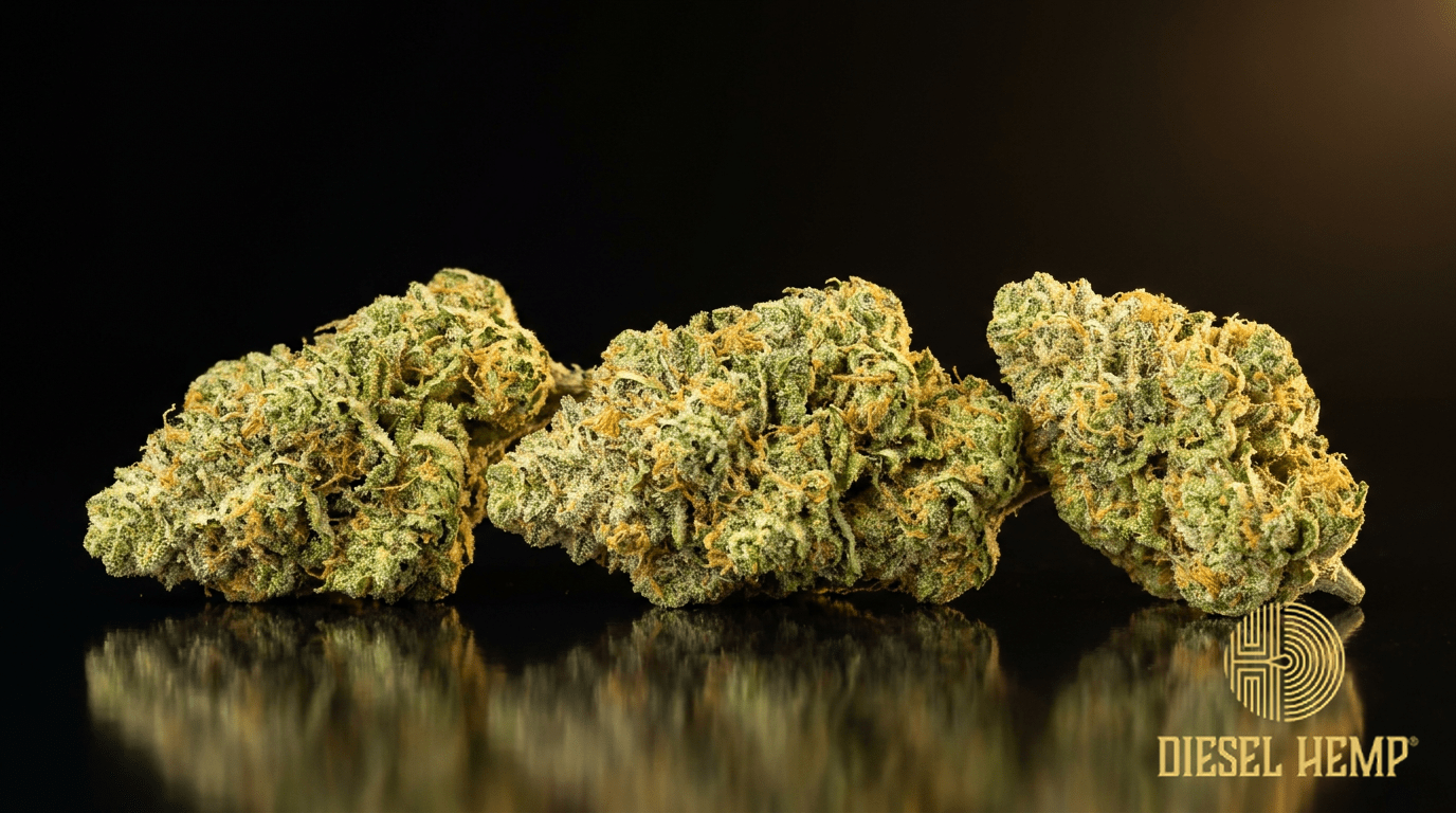 Cinderella 99 cannabis flower buds on black background — Diesel Hemp