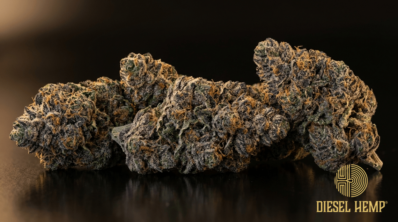 Crown Royale cannabis flower buds on black background — Diesel Hemp