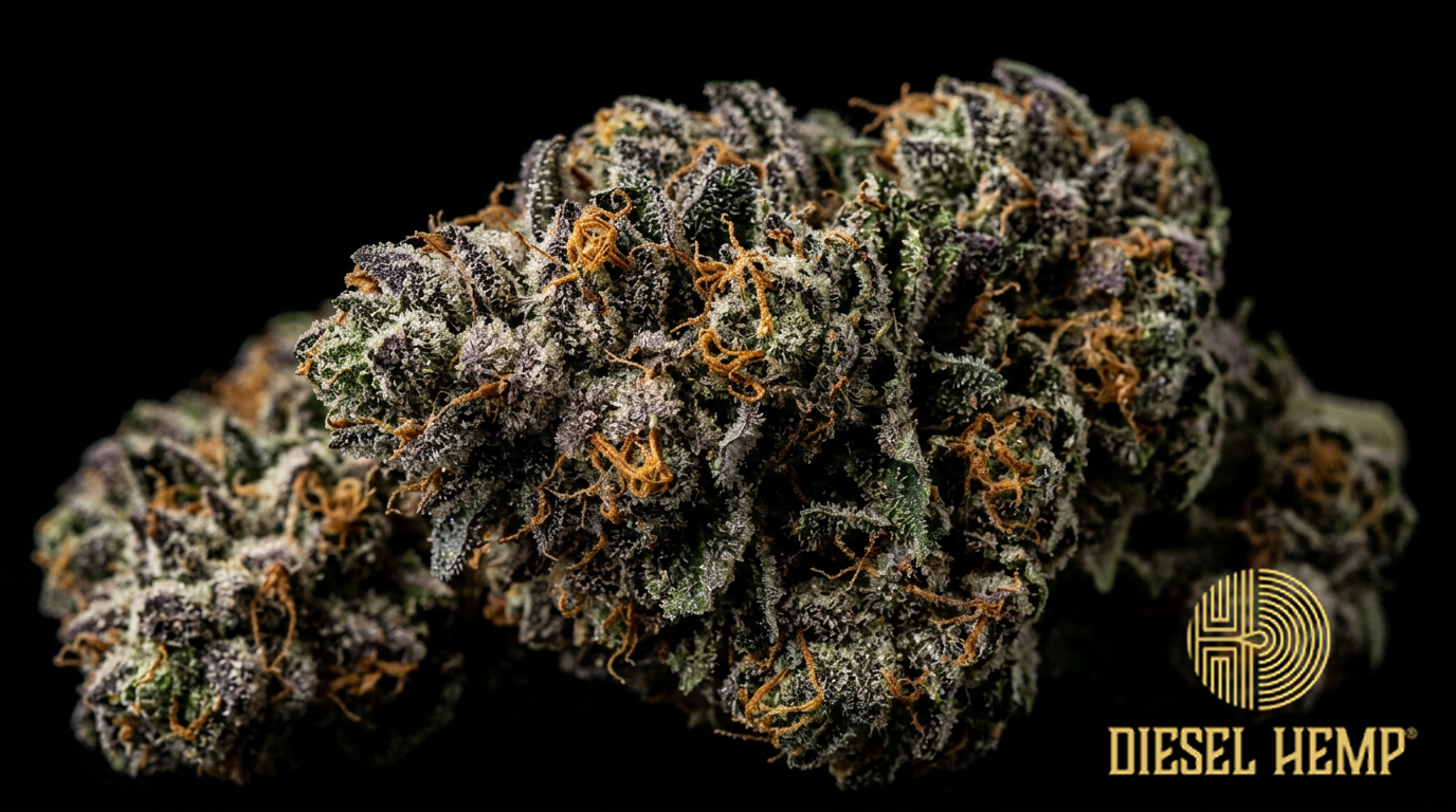 Crown Royale strain cannabis flower buds on black background — regal forest green dense buds with rich purple hues, amber orange pistils and heavy frosted trichome coating | Diesel Hemp