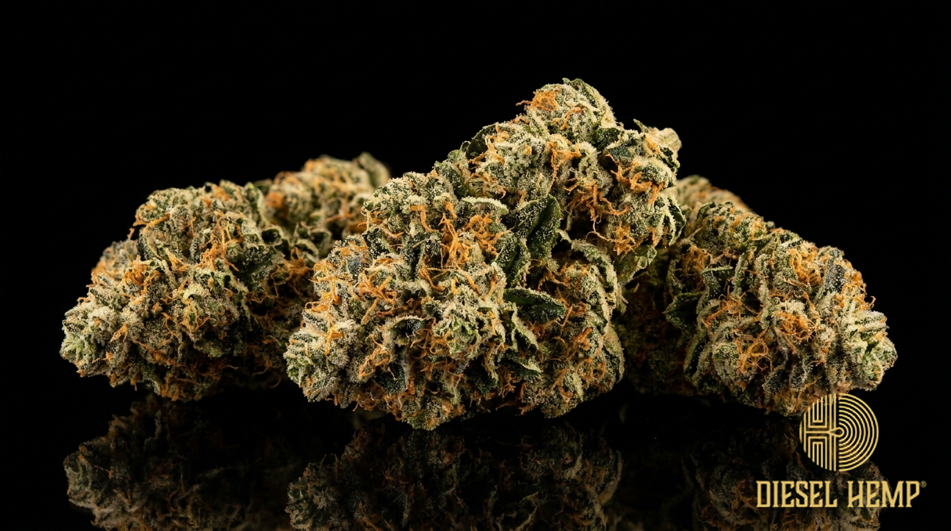 Dayglow Mousse cannabis flower buds on black background — Diesel Hemp