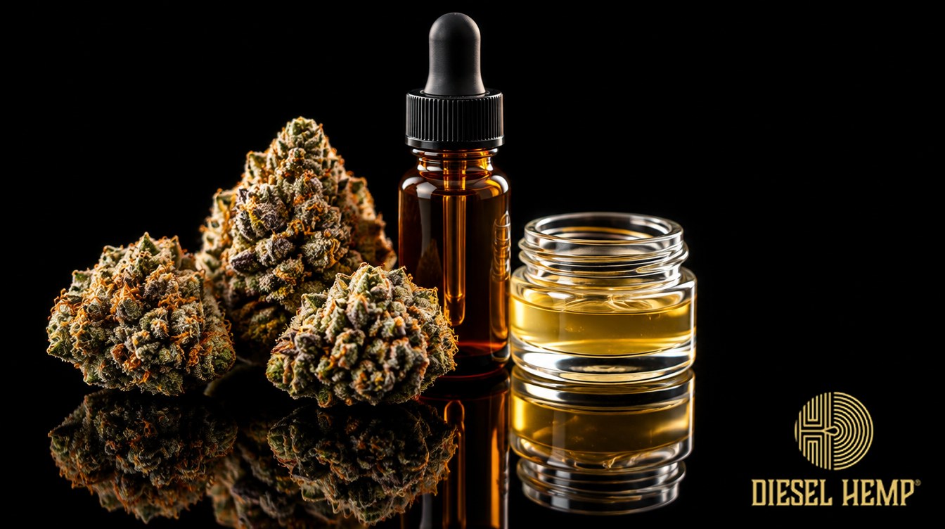 Delta 8 THC flower, tincture and distillate on black