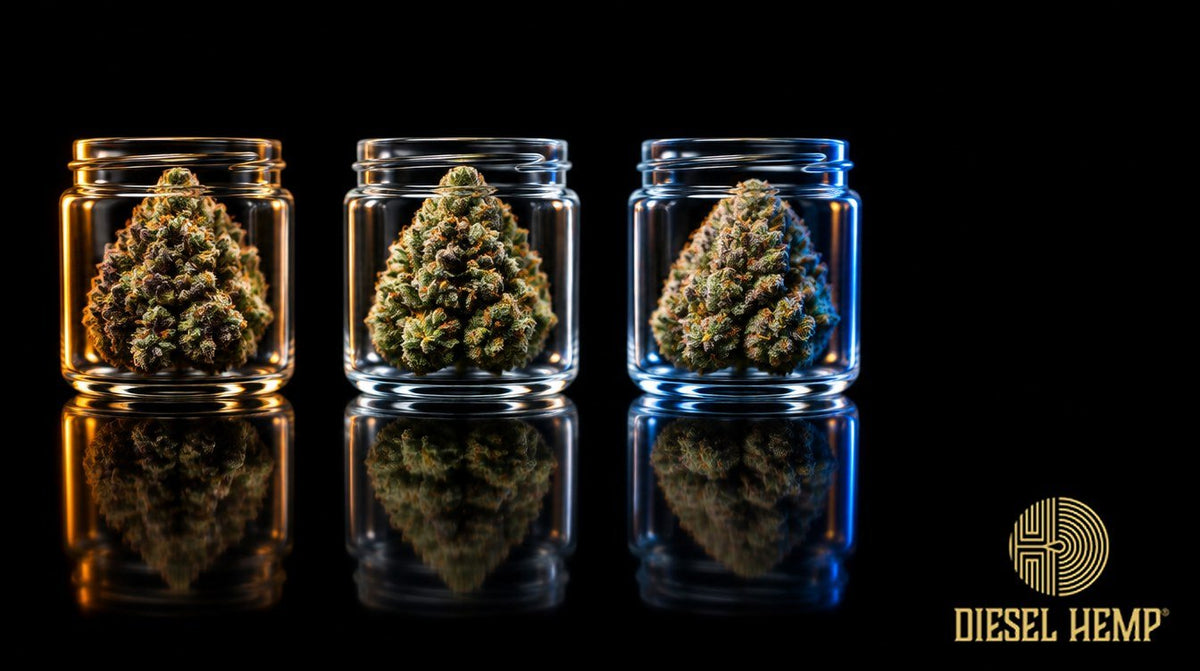 Delta 8 vs delta 9 vs delta 10 THC: three jars of hemp flower lit in amber, white and blue