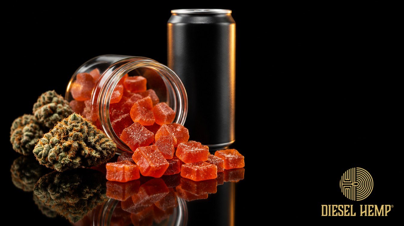 Hemp-derived delta 9 THC gummies, flower and a THC drink on black