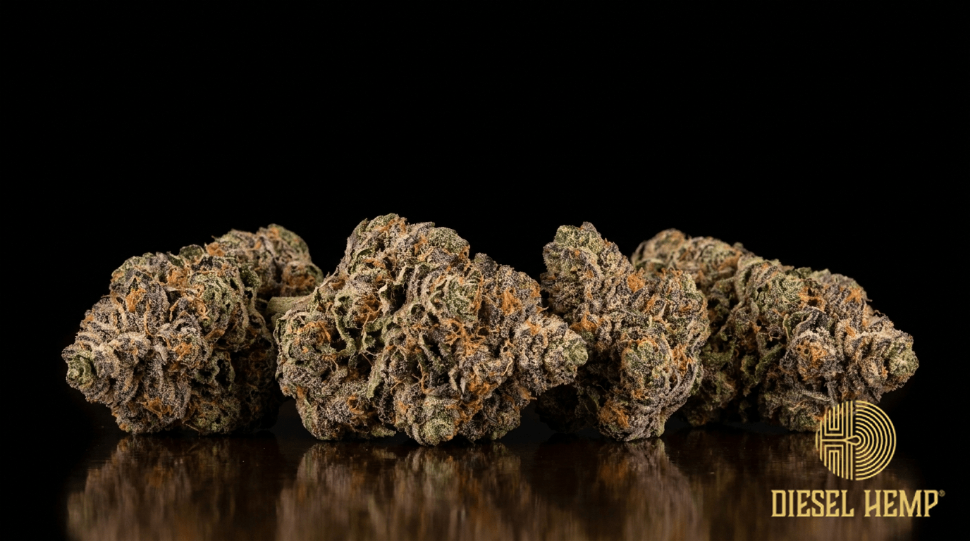 Do-Si-Dos strain cannabis flower buds on black background — dense purple and dark-green frosty nugs | Diesel Hemp