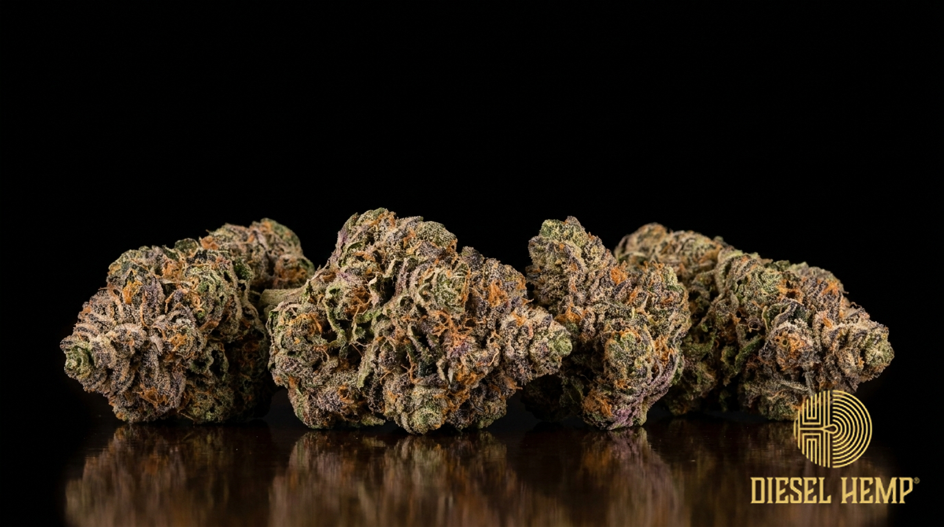 Do-Si-Dos strain cannabis flower buds on black background — dense purple and dark-green frosty nugs | Diesel Hemp