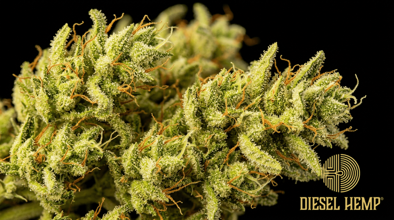 Durban Poison strain cannabis flower buds on black background — bright lime green airy sativa buds with orange pistils and very heavy trichome frosting | Diesel Hemp