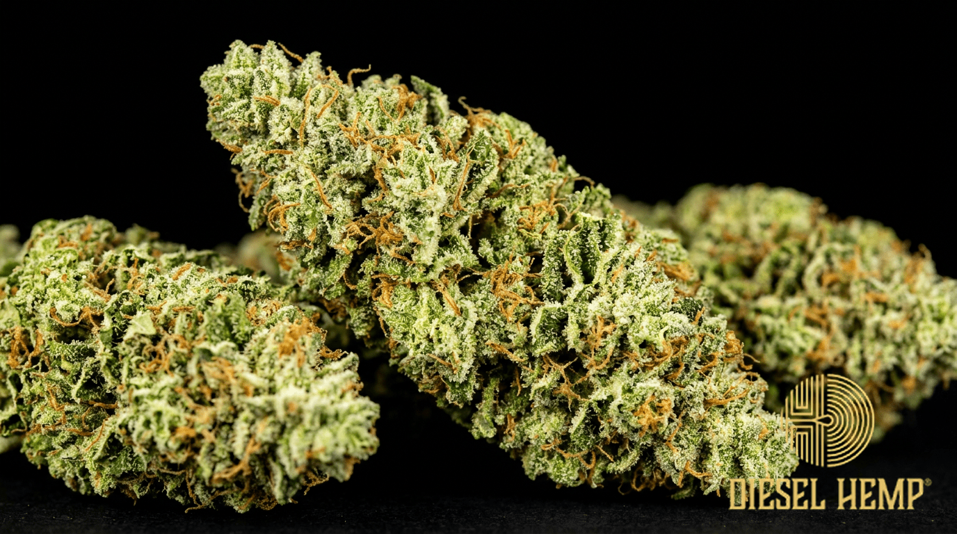 East Coast Sour Diesel strain cannabis flower buds on black background — bright lime green elongated diesel buds with amber orange pistils and very heavy white trichome coating | Diesel Hemp