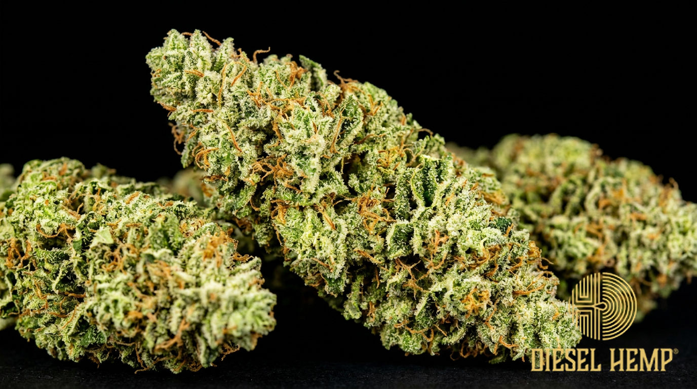 East Coast Sour Diesel strain cannabis flower buds on black background — bright lime green elongated diesel buds with amber orange pistils and very heavy white trichome coating | Diesel Hemp