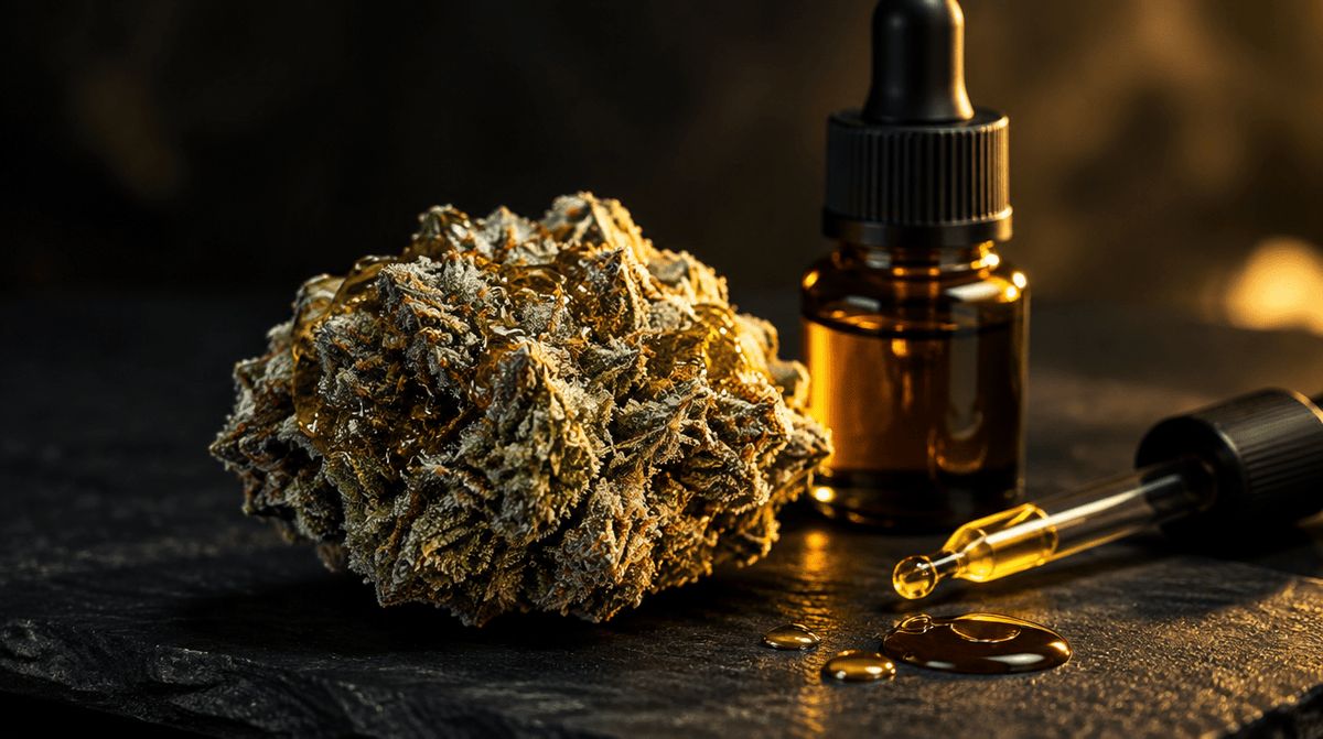 EPN flower: a frosty hemp bud with a glossy Euphorinol distillate coating beside an amber dropper bottle on black slate
