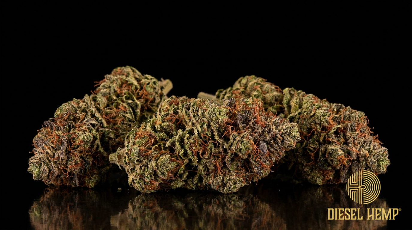 Fire OG cannabis flower buds on black background — dense green nugs with fiery red-orange pistils and frosty trichomes | Diesel Hemp
