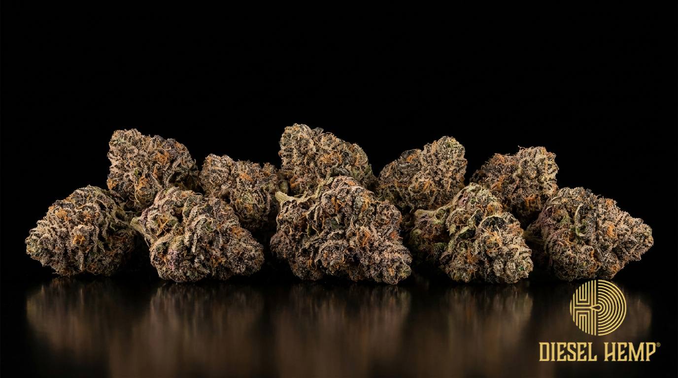Forbidden Fruit strain cannabis flower buds on black background — dark purple frosty nugs | Diesel Hemp