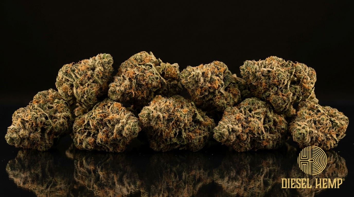 Fritter Mintz cannabis flower buds on black background — Diesel Hemp