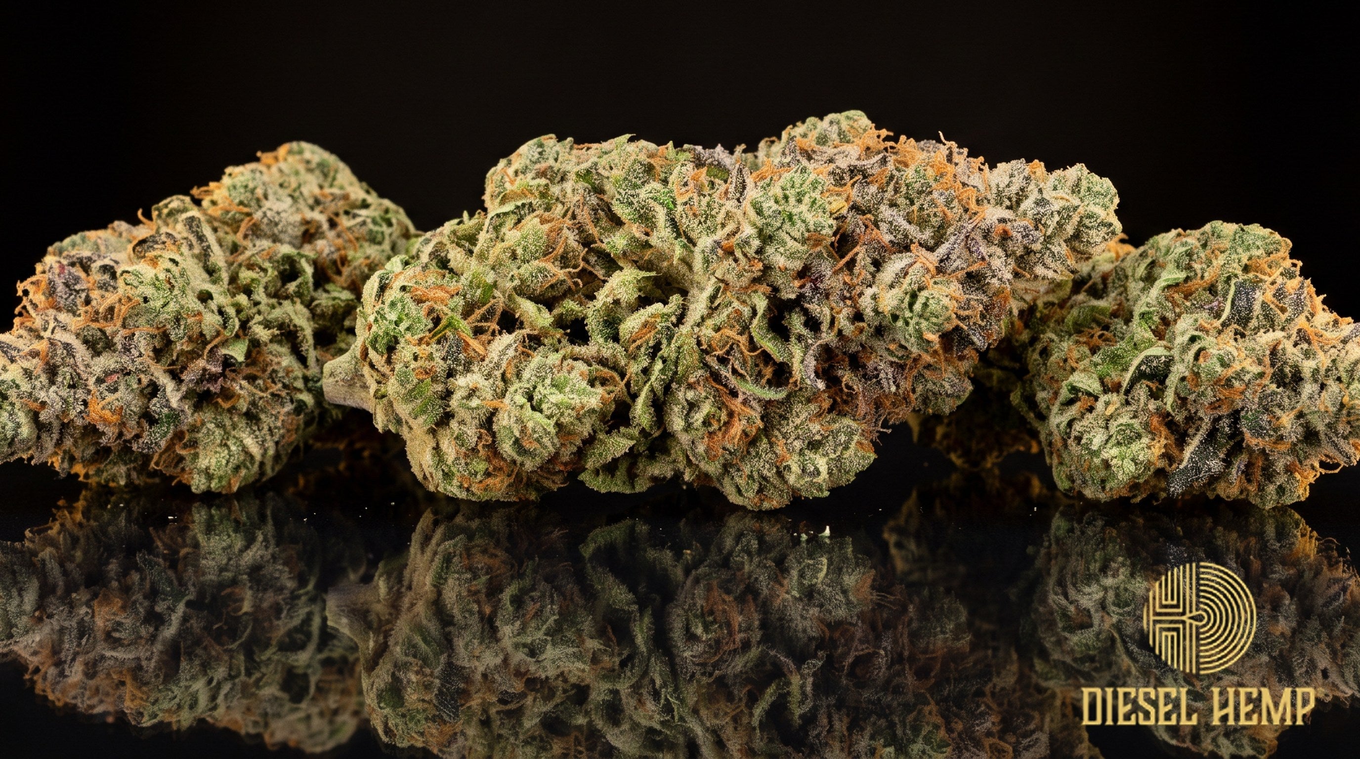 Fruit Punch strain cannabis buds in bright green with orange pistils and a coat of trichome frost on a black background | Diesel Hemp