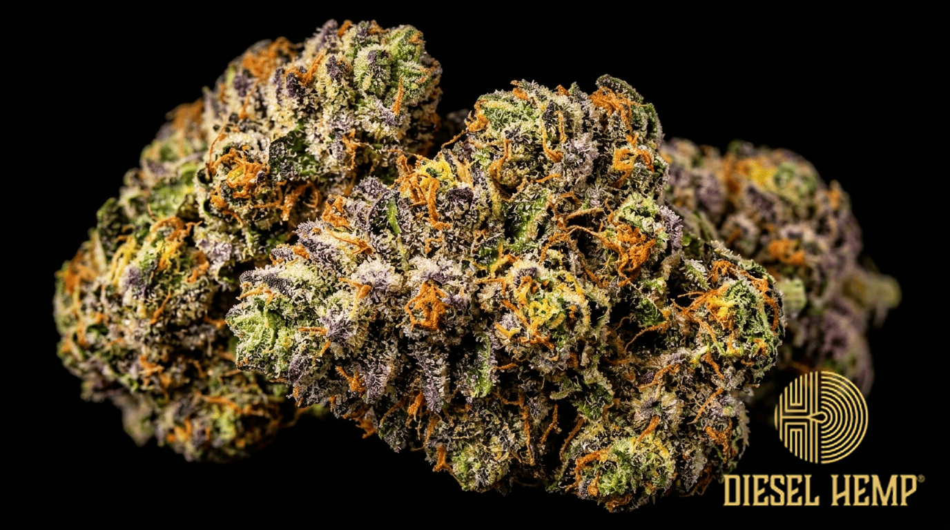Fruity Pebbles OG FPOG strain cannabis flower buds on black background — colorful rainbow of lime green, purple, orange and yellow buds with extremely heavy sparkling trichome coating | Diesel Hemp