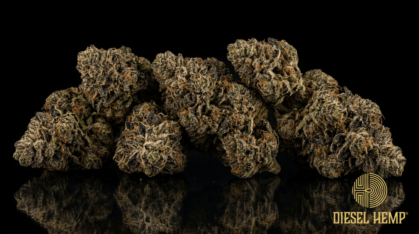 Garlic Breath strain cannabis flower buds on black background — dense, dark, frosty indica nugs | Diesel Hemp