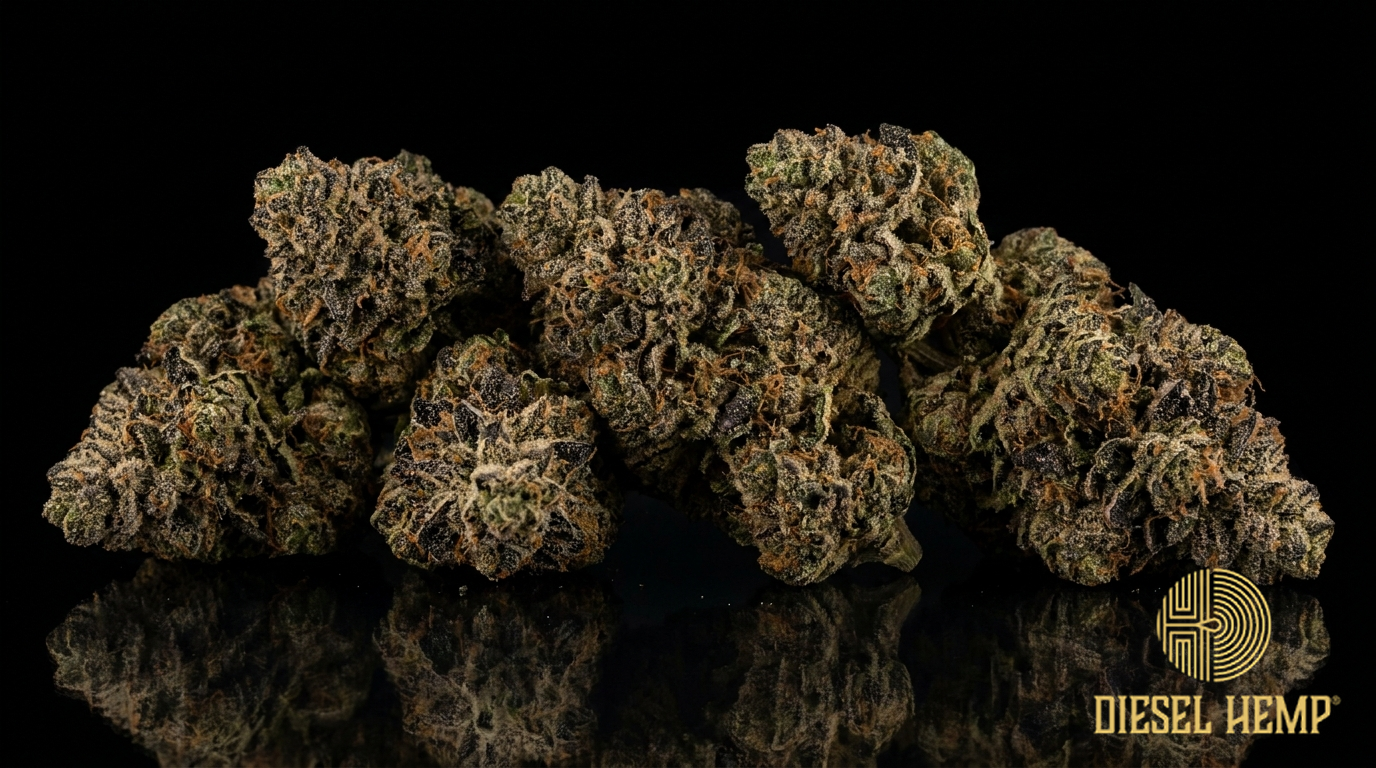Garlic Breath strain cannabis flower buds on black background — dense, dark, frosty indica nugs | Diesel Hemp