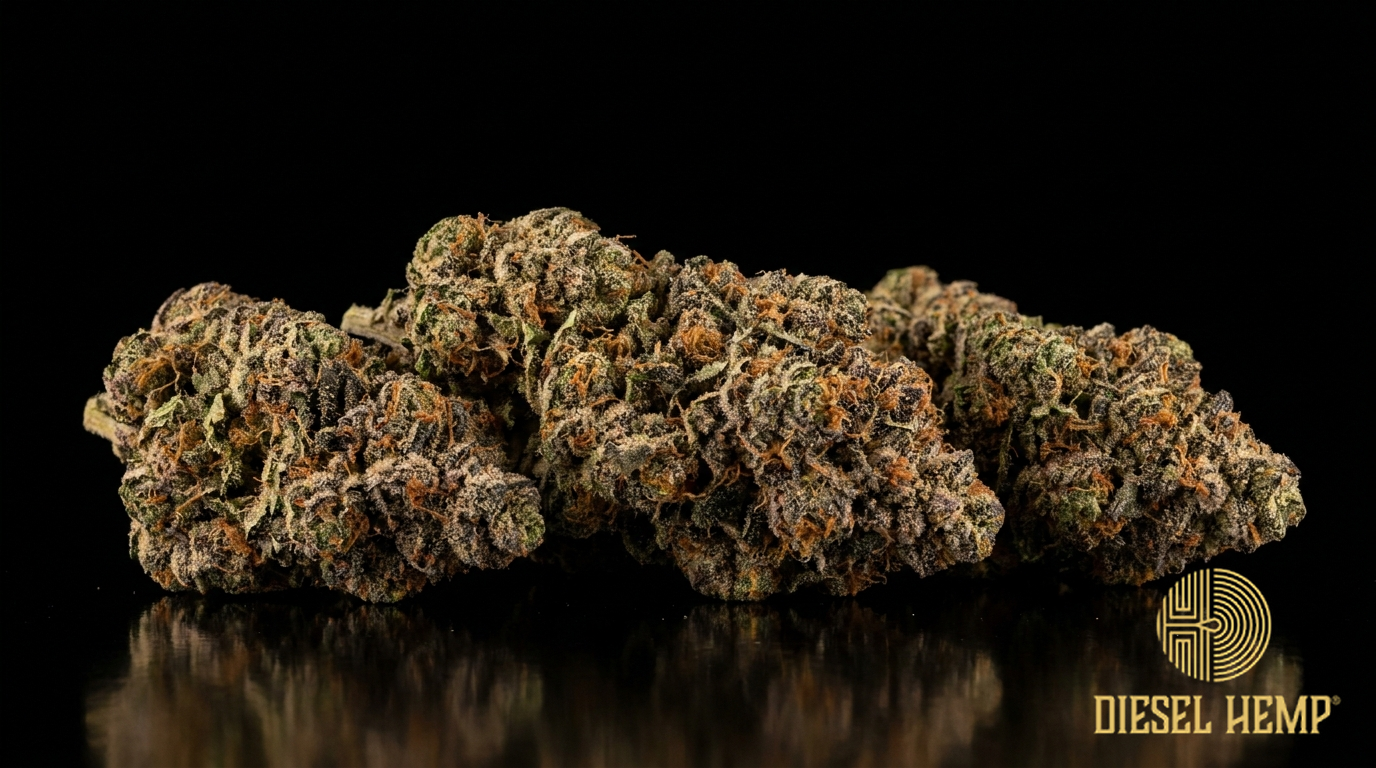 Gary Payton strain cannabis flower buds on black background — dense frosty deep-green and purple buds with orange pistils and heavy trichomes | Diesel Hemp