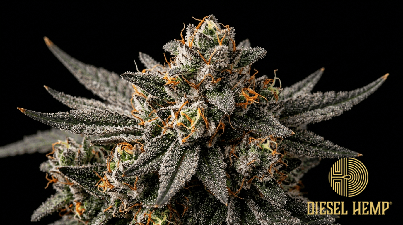 Gelato strain cannabis flower buds on black background — dense purple and forest green buds with vivid orange pistils and extraordinarily heavy milky white trichome coating | Diesel Hemp