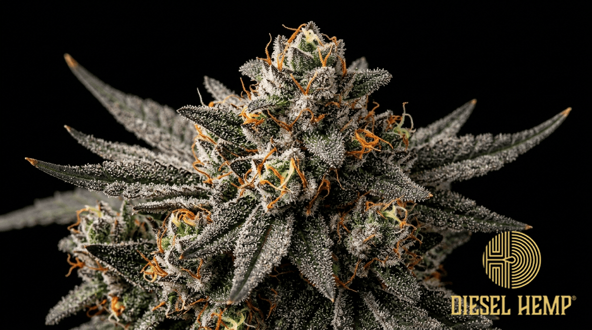 Gelato strain cannabis flower buds on black background — dense purple and forest green buds with vivid orange pistils and extraordinarily heavy milky white trichome coating | Diesel Hemp