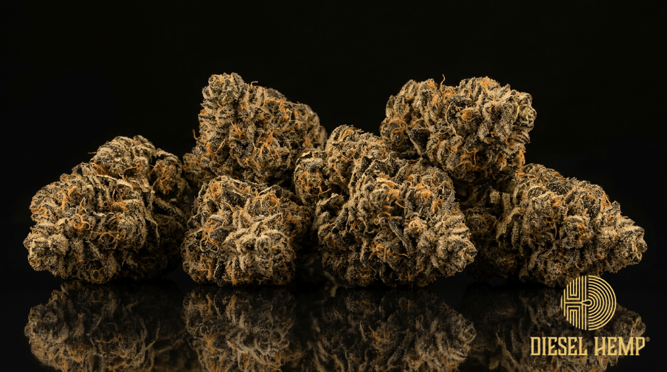 Gelato Cake cannabis flower buds on black background — Diesel Hemp