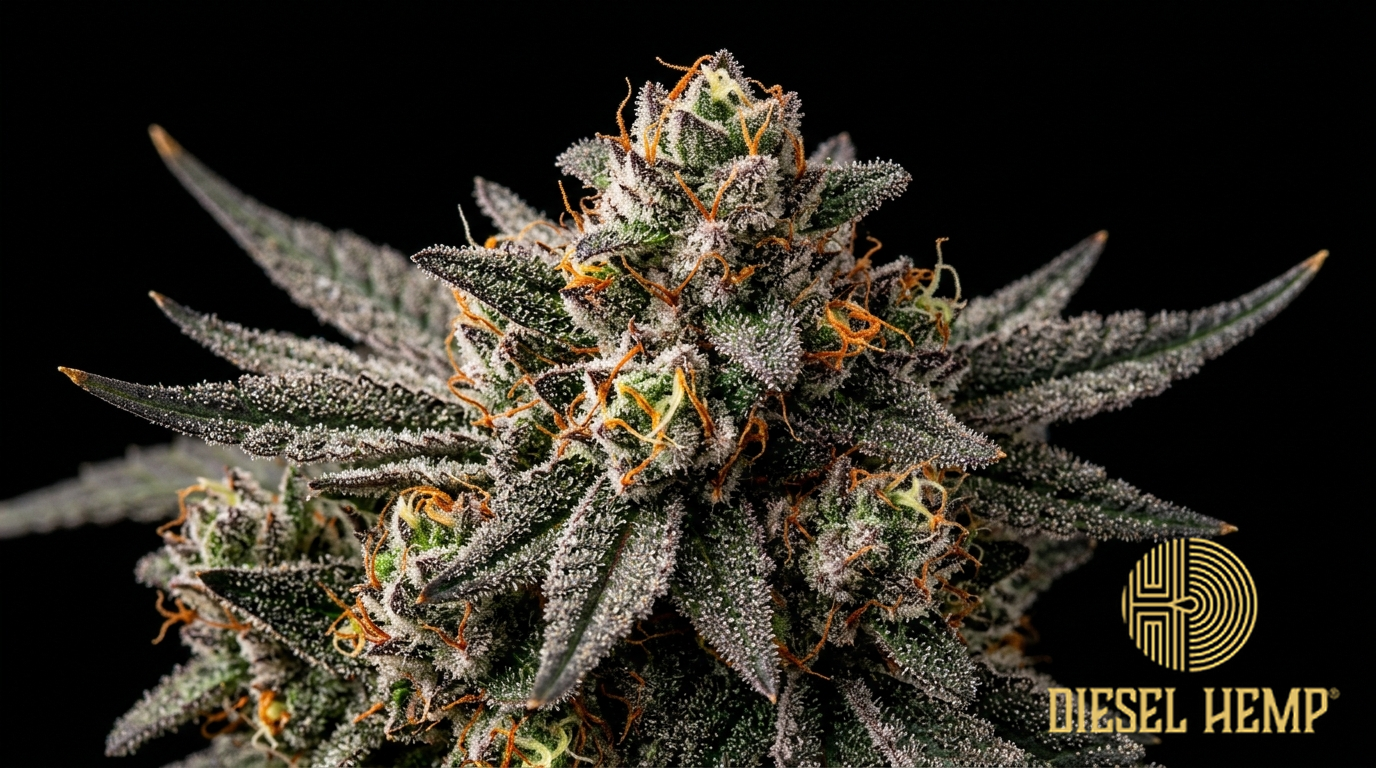 Gelato strain cannabis flower buds on black background — dense purple and forest green buds with vivid orange pistils and extraordinarily heavy milky white trichome coating | Diesel Hemp