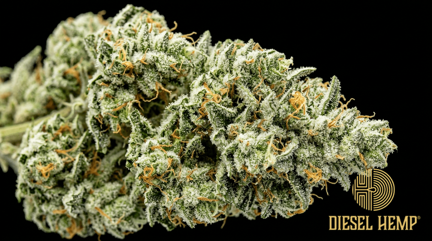 Ghost Train Haze strain cannabis flower buds on black background — large bright lime green sativa buds with extreme white trichome frosting giving a ghost-like appearance | Diesel Hemp