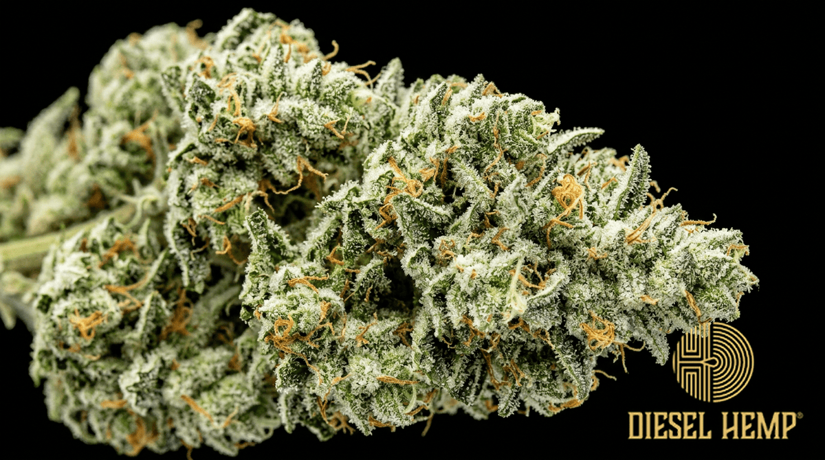 Ghost Train Haze strain cannabis flower buds on black background — large bright lime green sativa buds with extreme white trichome frosting giving a ghost-like appearance | Diesel Hemp