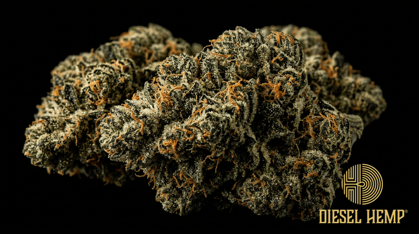GMO strain cannabis flower buds on black background — dense olive-dark green buds with orange pistils and extremely heavy resinous trichome coating | Diesel Hemp