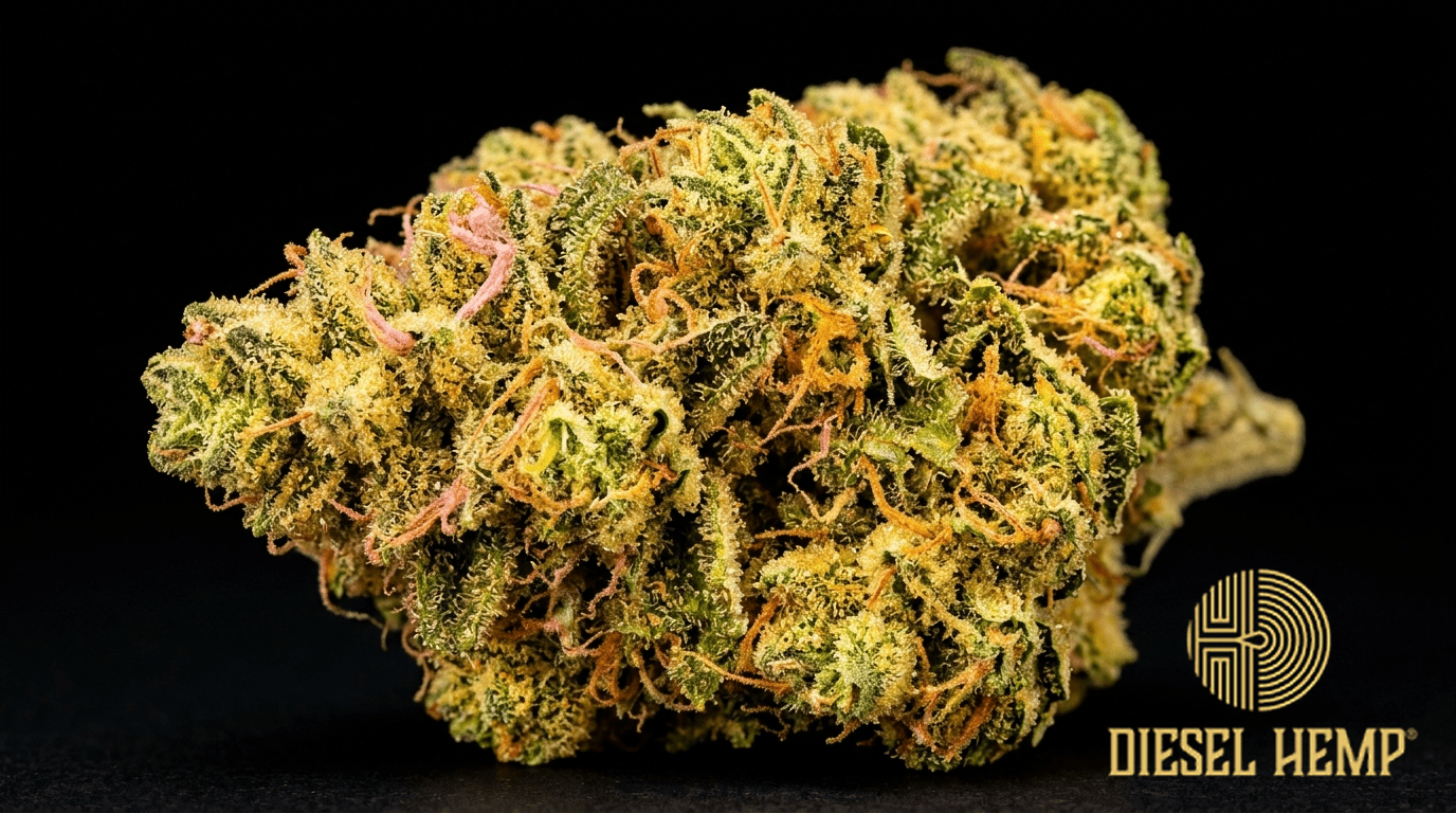 Golden Goat strain cannabis flower buds on black background — bright golden-yellow and lime green buds with pink pistils and golden trichome frosting | Diesel Hemp