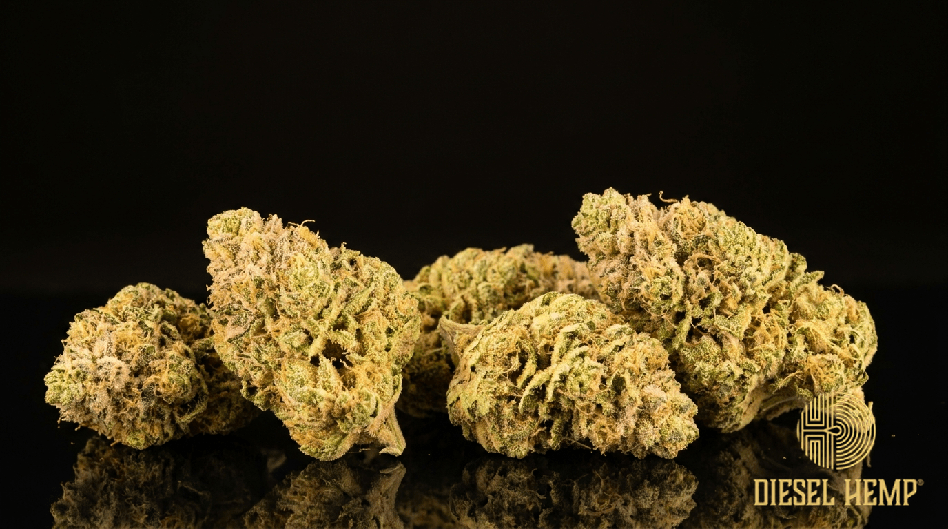 Golden Goat cannabis flower buds on black background — Diesel Hemp