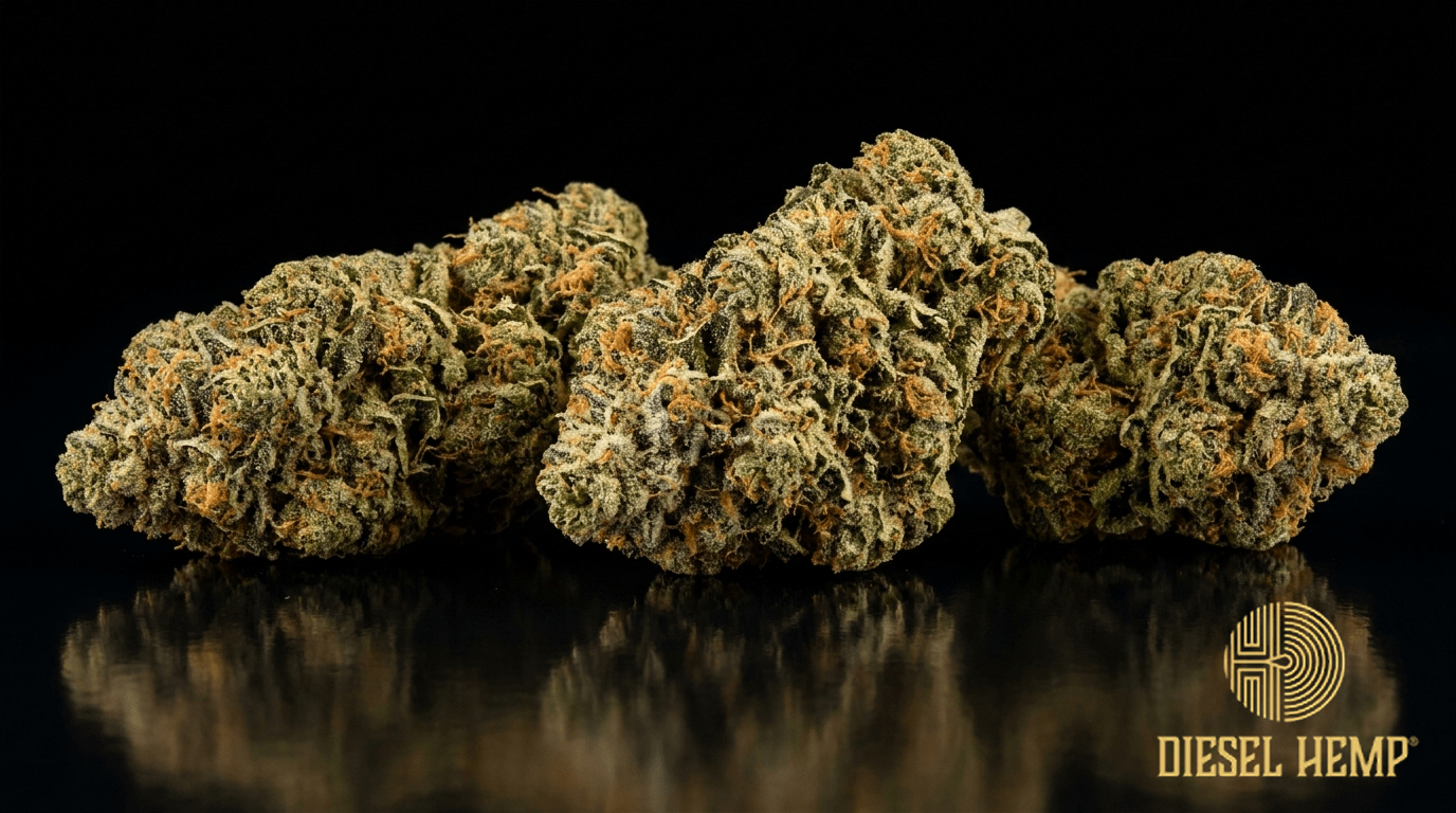 Gorilla Glue GG4 strain cannabis flower buds on black background — chunky olive-green buds caked in sticky silver trichome resin with orange pistils | Diesel Hemp