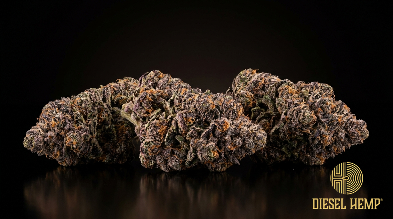 Grape Ape cannabis flower buds on black background — deep purple, frosty trichomes | Diesel Hemp
