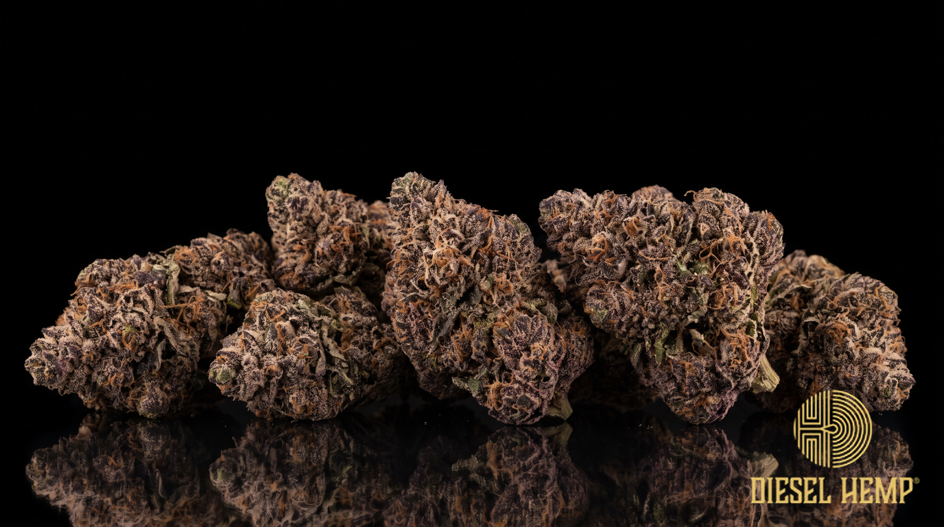 Grape Gas strain cannabis flower buds in deep grape-purple with heavy trichome frost on a black background | Diesel Hemp