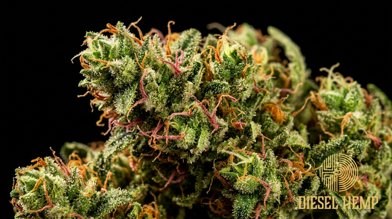 Grapefruit strain cannabis flower buds on black background — bright green buds with orange and pink-red pistils and moderate sparkling trichome coating | Diesel Hemp