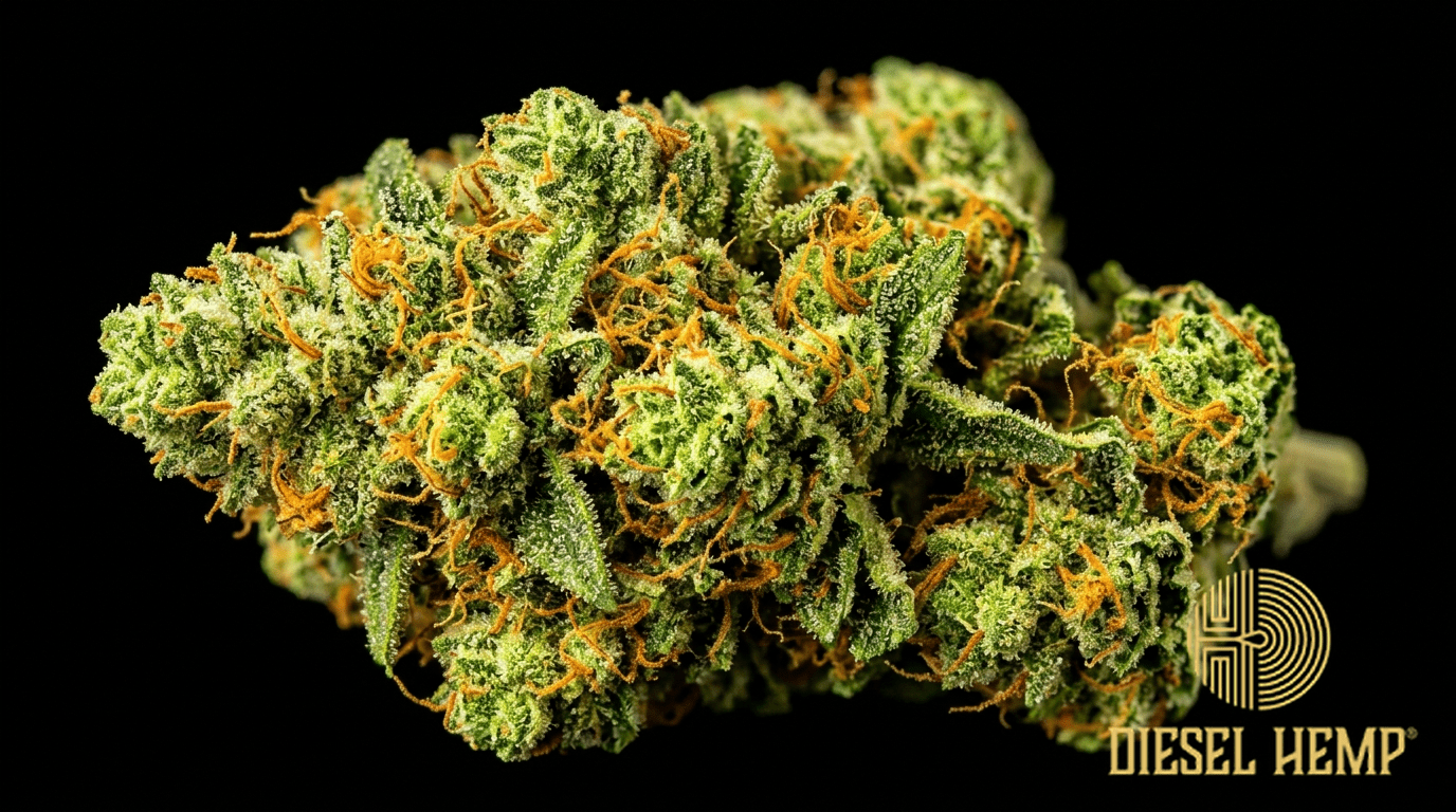 Green Crack strain cannabis flower buds on black background — intense lime green dense buds with vivid bright orange pistils and sparkling trichome coating | Diesel Hemp
