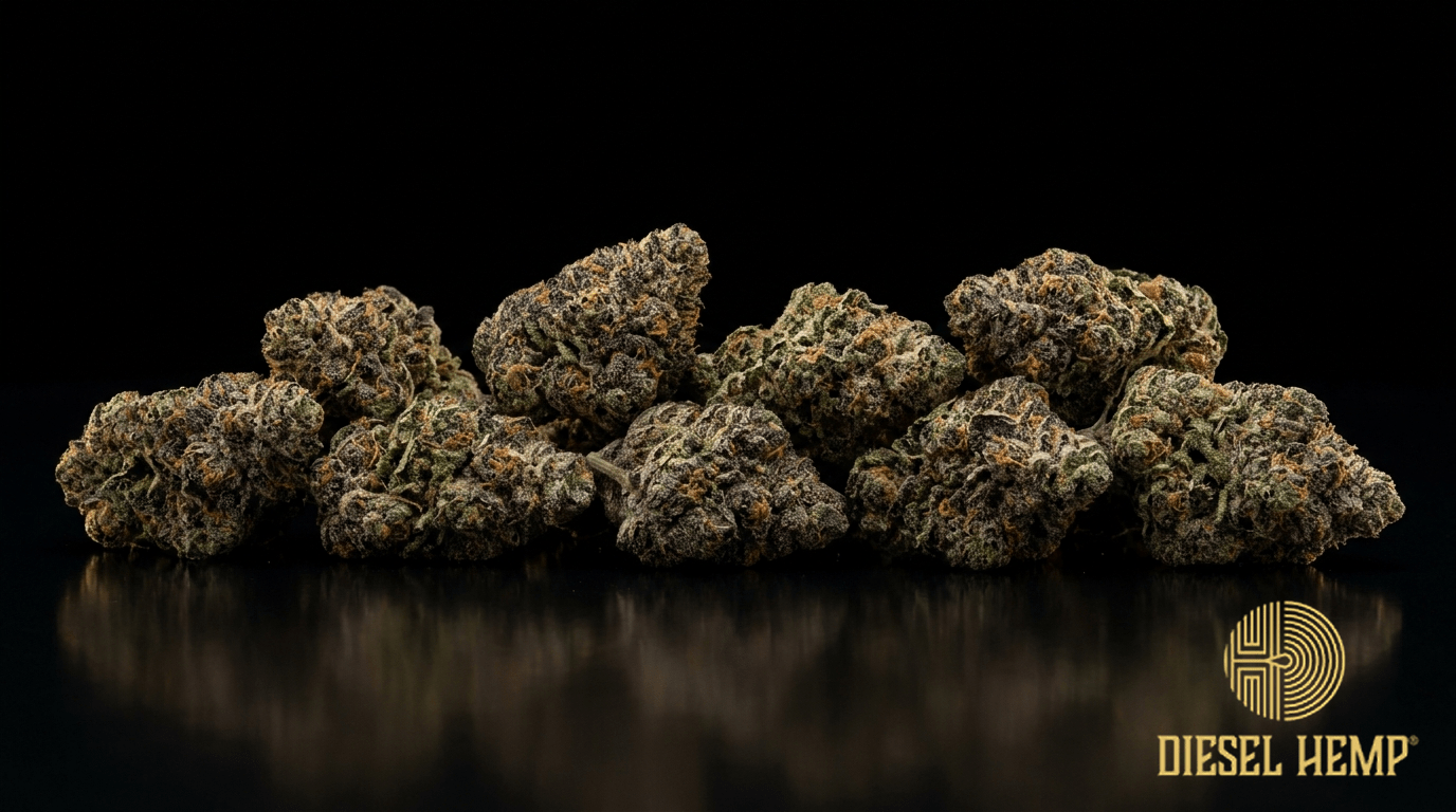 GSC Girl Scout Cookies cannabis flower buds on black background — Diesel Hemp