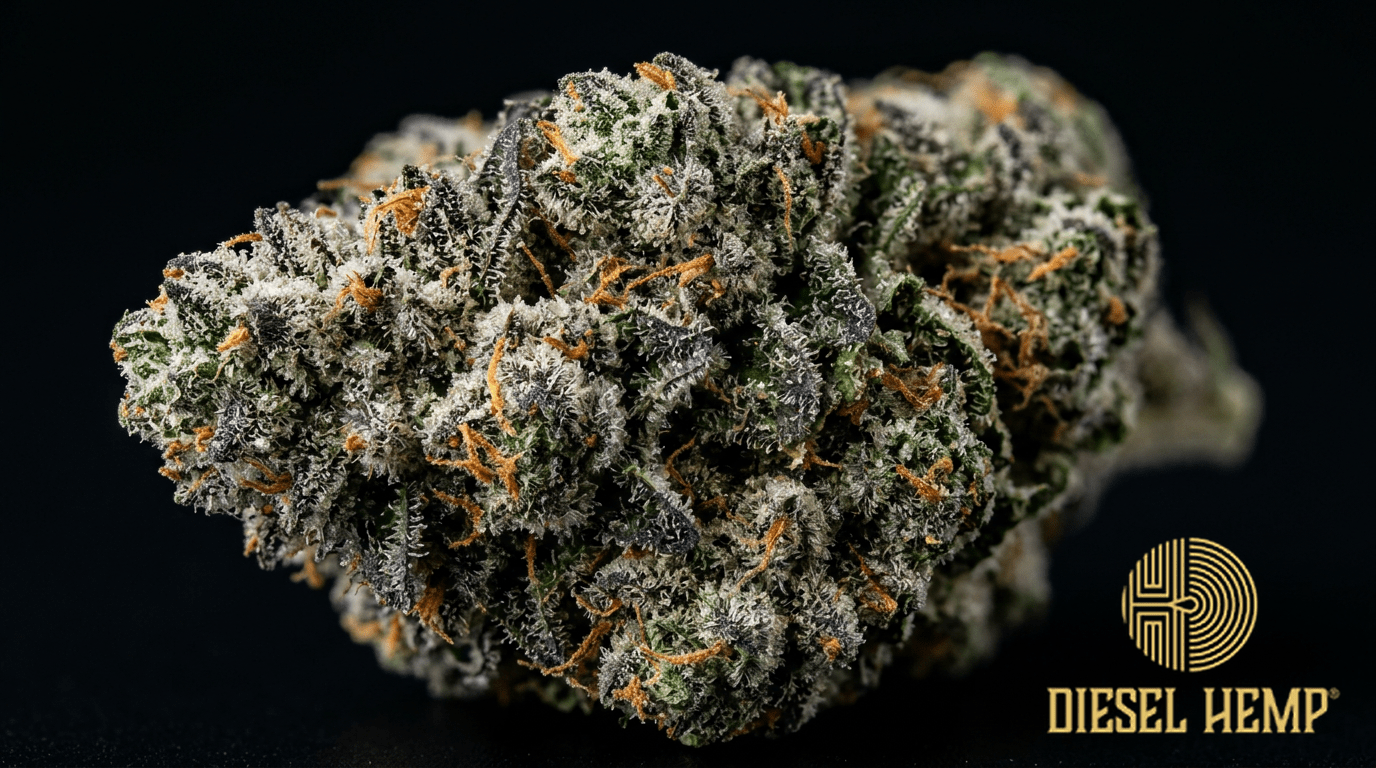 GSC Girl Scout Cookies strain cannabis flower buds on black background — forest green and deep purple buds with bright vivid orange pistils and extremely heavy white trichome coating | Diesel Hemp