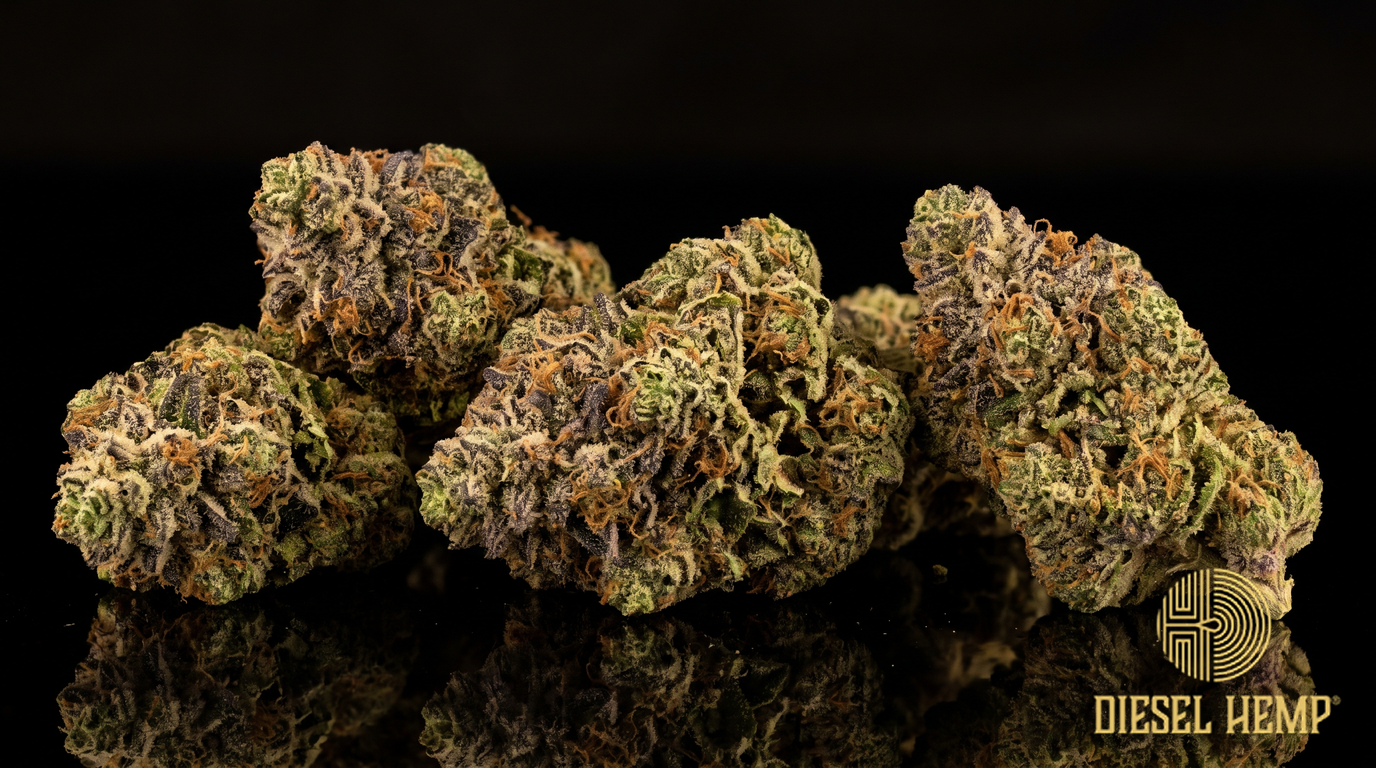 Gush Mints strain cannabis flower buds with lime-green and violet hues and heavy trichome frost on a black background | Diesel Hemp