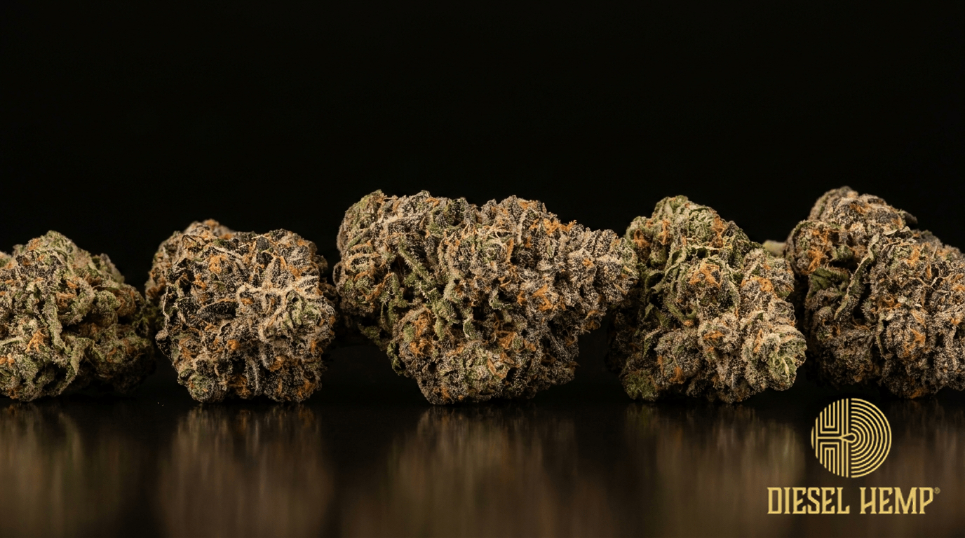 Gushers strain cannabis flower buds on black background — frosty green and purple nugs with orange pistils | Diesel Hemp