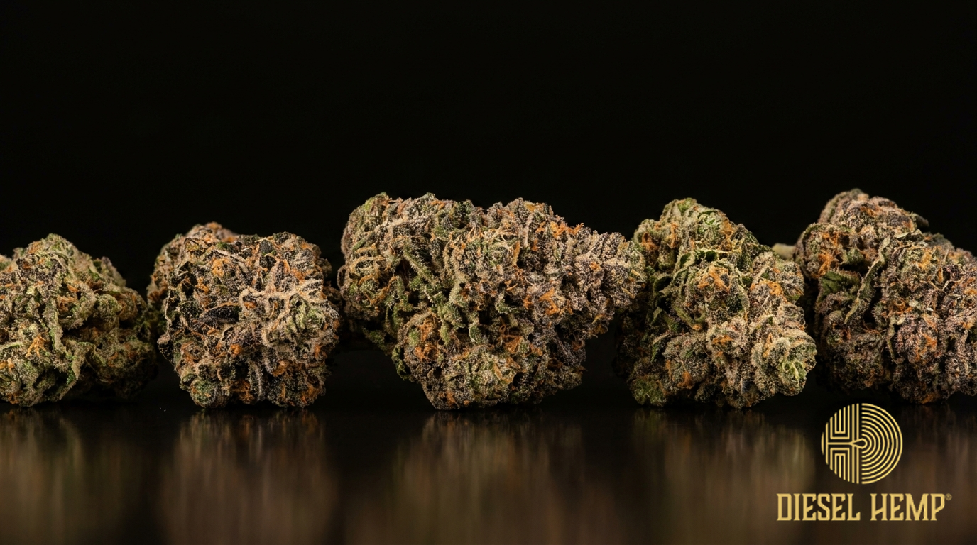 Gushers strain cannabis flower buds on black background — frosty green and purple nugs with orange pistils | Diesel Hemp