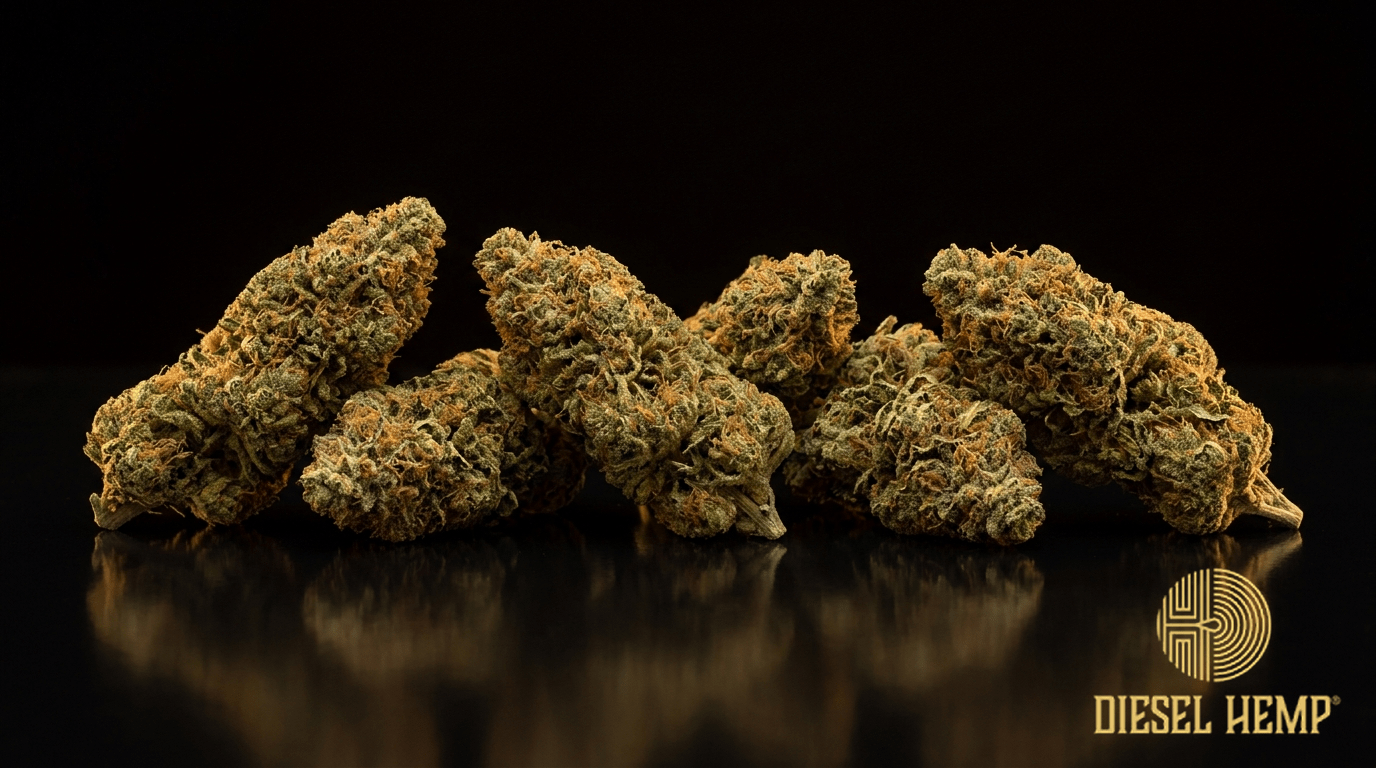 Harlequin CBD cannabis flower buds on black background — Diesel Hemp