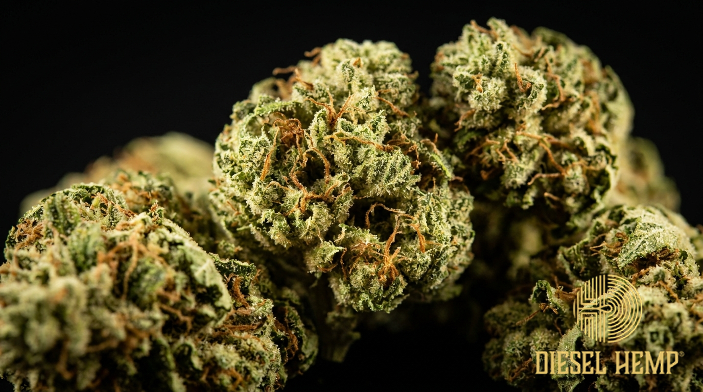 Harlequin strain cannabis flower buds on black background — light green fluffy sativa buds with reddish-orange pistils and moderate trichome coating | Diesel Hemp