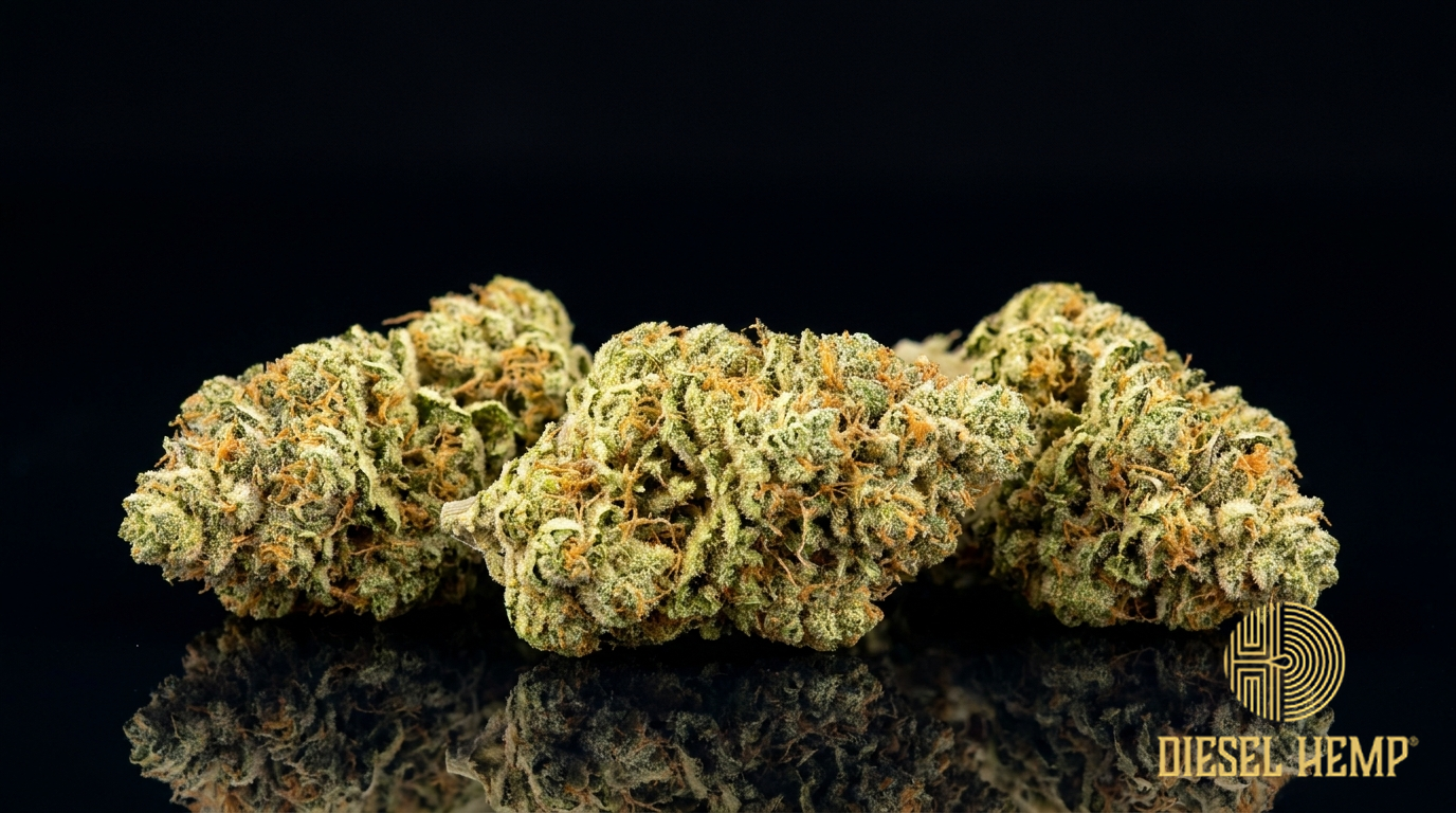 Hawaiian Haze strain CBD hemp flower buds — bright lime-green frosty nugs with orange hairs on a black background | Diesel Hemp