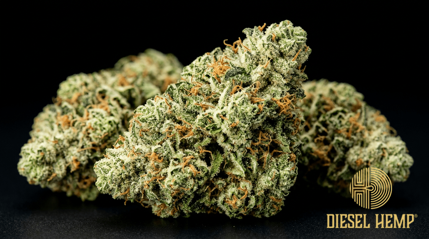 Headband strain cannabis flower buds on black background — light lime green dense compact buds with orange pistils and very heavy white trichome frosting | Diesel Hemp