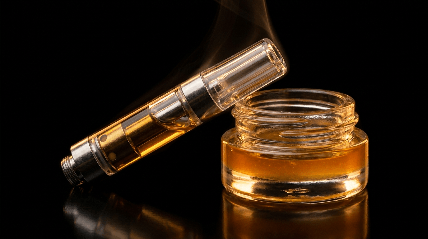 Glass vape cartridge next to a jar of golden live rosin — what a real live rosin cart contains, Diesel Hemp