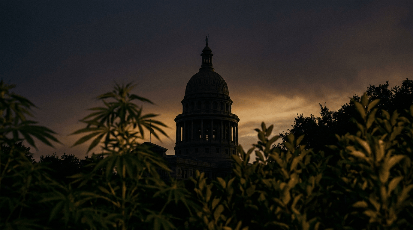 The Texas State Capitol dome silhouetted at dusk behind hemp foliage — Texas' July 31, 2026 THC rules and THCA flower | Diesel Hemp